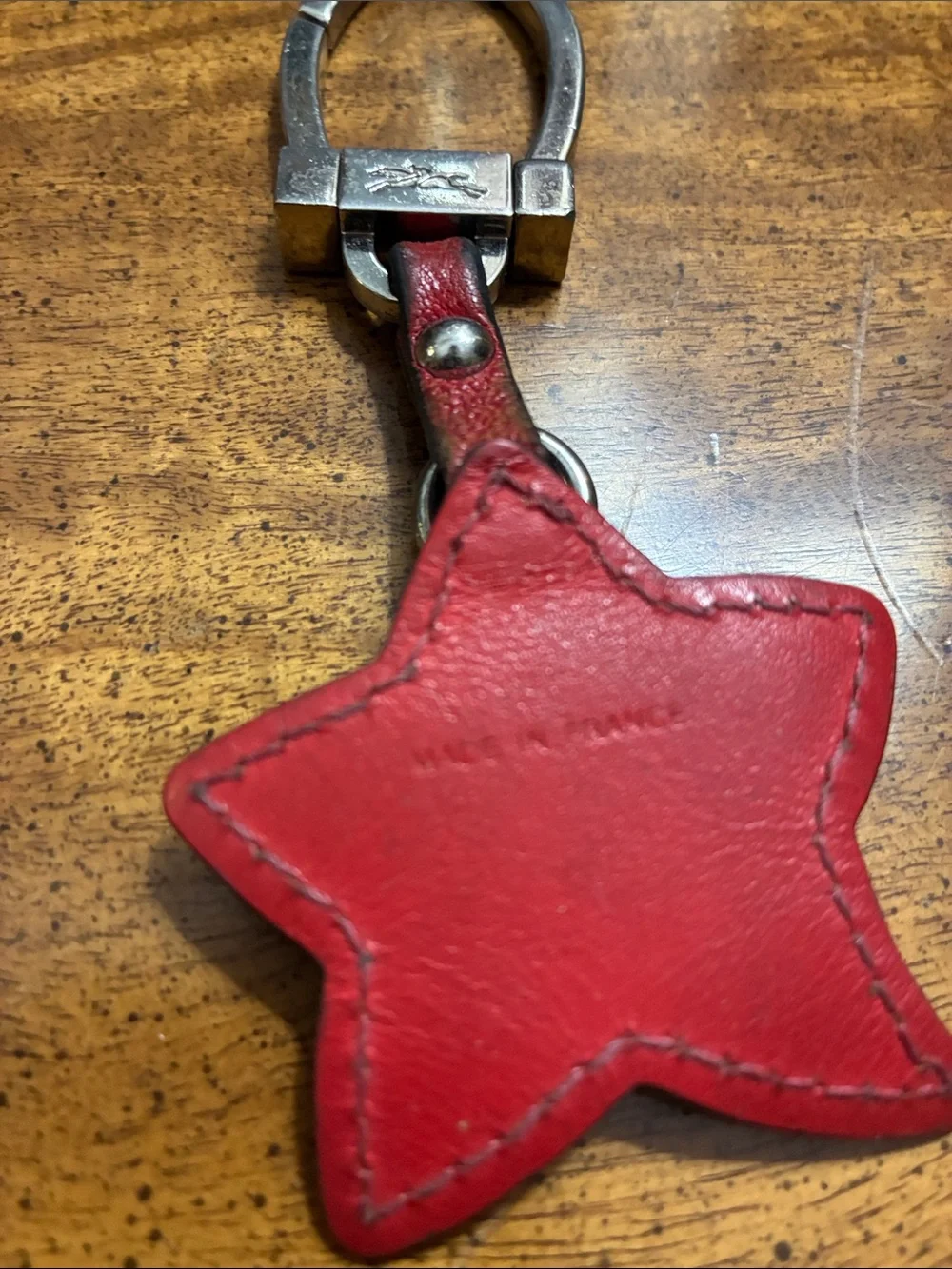 Longchamp Red Star Leather Key Fob with Metal Detail